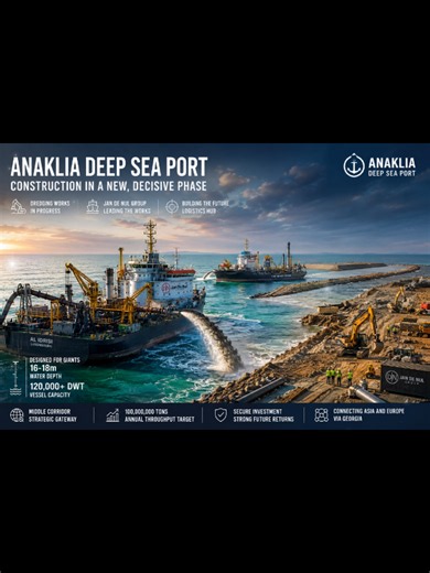 ⚓ Anaklia Deep Sea Port has entered a decisive new phase. 🚢 Large-scale dredging and soil pumping works are now underway in the entrance channel and turning basin, jointly carried out by two vessels of Jan De Nul Group — Al Idrisi and Tristao da Cunha. This is no longer just a plan — major maritime engineering works are actively underway. 📈 The development of the port is strengthening Georgia’s transit and logistics capabilities and further enhancing the strategic importance of the Middle Corr