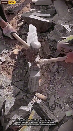 Hand Chisel and Hammer Technique for Precision Stone Splitting in Masonry Work