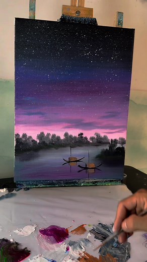 1.7K views · 20 reactions | How to paint Starry Night Sky & Boat Reflection Painting | Step-by-Step Tutorial for Beginner | Learn Art #acrylic #learnartonreels #trendingvideo #canvasart | Nguyễn Văn Hoà Art | Facebook