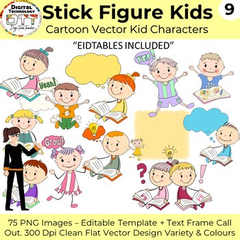 Vector Stick Figure Cartoon Kids 9, Boys & Girls, Editable Designs, PowerPoint