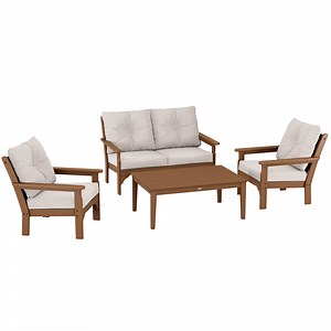 POLYWOOD Vineyard Teak / Dune Burlap 4-Piece Deep Seating Patio Set with 2 Chairs