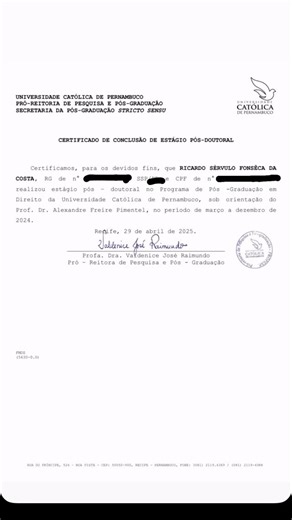 Ricardo Sérvulo on Instagram: "HOJE FAZ 1 ANO de uma das maiores conquistas acadêmicas ✍️ de minha carreira - a Certificação de Pós-Doutorado em Direito pela UNICAP - Universidade Católica de Pernambuco A minha tese/no estágio pós-doutoral foi aprovada em 16.12.2024, pela douta banca da UNICAP - UNIVERSIDADE CATÓLICA DE PERNAMBUCO - em Recife. O Pós-Doutorado foi de Março a Novembro de 2024, na área de Direito Eleitoral, tendo como tema do Pós-Doutoramento: TESE: O USO DA INTELIGÊNCIA ARTIFICIA