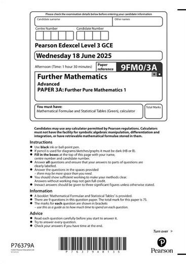 Pearson Edexcel A Level Further Mathematics Paper 3a 2025 Qp