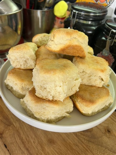 This is so good on a Saturday or Sunday morning breakfast And like the majority of my recipes It's quick and simple to make Biscuit recipe 2 cup all purpose flour 6 tablespoons pork fat1 tablespoons baking powder 1 cup buttermilk 1 teaspoon kosher salt Mix all dry ingredients together Cut pork fat and add slowly into incorporate into dry ingredients Add buttermilk and stir just enough to mix ( don't over mix. You will get a tough biscuit)Pour out on flour board and fold over 3 times and pat flat