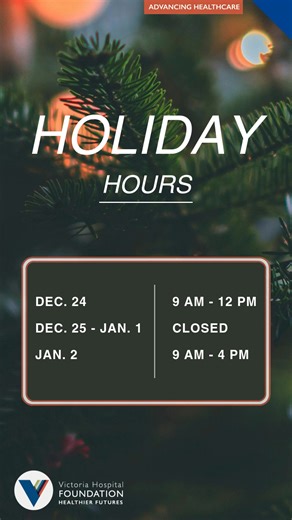 The Foundation offices will be closed during the holiday season, from December 24th at noon and will reopen on Friday, January 2nd with our regular business hours of 9 a.m. to 4 p.m.⁣ ⁣ Donations during this time can be made: 🖥️ Online at TheVicFoundation.ca ✉️ Donations of $15 or more postmarked December 31st or earlier will receive a 2025 tax receipt Thank you to everyone who has generously supported Victoria Hospital Foundation this year. We are so grateful for your kindness. 💙⁣ #SupportThe