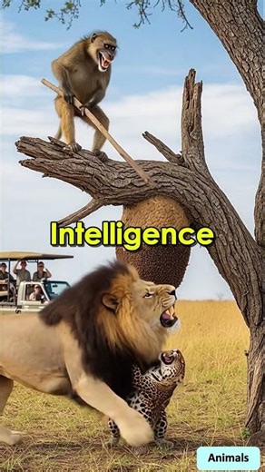 Monkey using stick to put wasp hive into lion and leopards