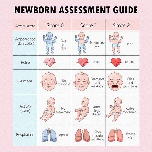 👶 Newborn Assessment Guide – Right After Birth 👶 🔹 Apgar Score checks baby’s condition (1–5 mins) 🔹 Breathing & crying – is baby breathing well? 🔹 Heart rate – strong and steady? 🔹 Muscle tone – are limbs moving actively? 🔹 Skin color – pink and healthy? 🔹 Reflexes – responds to touch or sound? 🔹 Weight & length – measured right away 🔹 Head & chest size – checked for growth 🔹 Umbilical cord – clamped and cleaned 🔹 First breastfeeding encouraged early 🤱 #NewbornCare #NewbornAssessmen