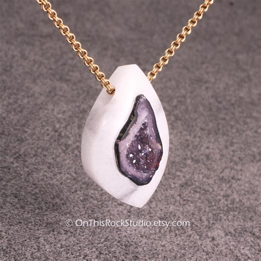 White Quartz With Inlay Druzy Geode, Semi Precious Stone Necklace, Gem Intarsia, Lapidary Natural Stone - Etsy UK