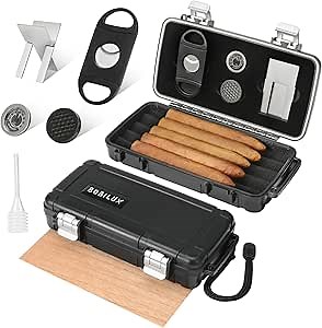 Cigar Travel Humidor Box Case with Cigar Accessories, Cigar Cutter & Spanish Cedar & Cigar Stand&Humidifier&Hygrometer & a suction pipe,Holds up to 5 Cigars,Waterproof, Durable Cigar Kit for Men