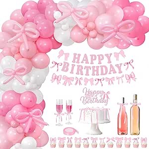 Pink Bow Birthday Decorations, Pink Bow Balloon Arch, Bow Happy Birthday Banner Garland, Bow Cake & Cupcake Toppers and Satin Ribbon for Women Girls Bows Party Decor