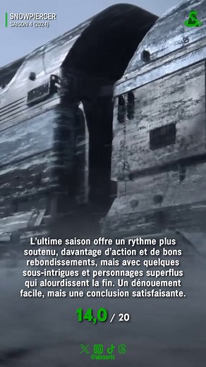 SNOWPIERCER 🚄 Saison 4 • 10x45' • 🇺🇸 U.S.A • 2024 Genre : Drame, Science Fiction, Thriller De : Josh Friedman Avec : Daveed Diggs, Jennifer Connelly, Mickey Sumner Dispo sur : SérieClub (diffusée du 05 au 26/01/2026) 🎬 Synopsis : Nous retrouvons les survivants près d’un an après la scission des trains. Une zone du globe désormais épargnée par le froid sibérien a conduit Layton à mener un groupe de voyageurs vers le « Nouvel Éden » et une vie incertaine hors des trains. ✏ Critique : Quatre an