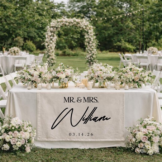 Personalized Mr and Mrs Wedding Welcome Sign, Custom Last Name Table Runner, Outdoor Garden Wedding Reception Banner - Etsy