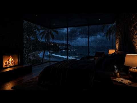Rainy Beach Night with Fireplace No Ads 🔥 Gentle Ocean Rain for Deep Sleep & Calm Mind