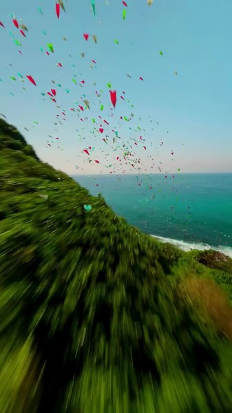 Colorful Kites Soar Over Stunning Coastal Landscape