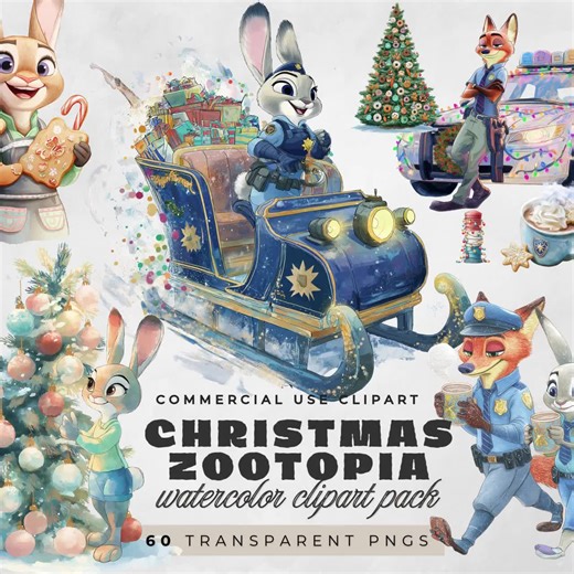 Zootopia 2 Christmas Clipart: Watercolor Characters (Digital Download)