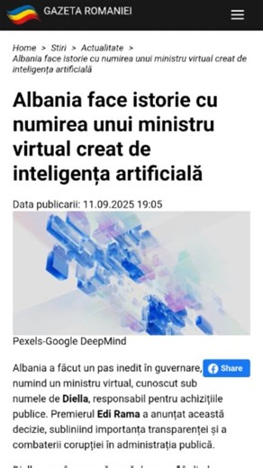 Albania face istorie cu numirea unui ministru virtual creat de inteligența artificială #actualitate #BreakingNews #stiri #romania #news | Gazeta Romaniei