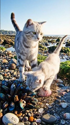 Mother Cat and Kitten Build Sandcastle Together at the Beach - Adorable Cat Beach Adventure #cat