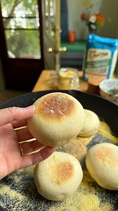 FLUFFY SMALL BATCH ENGLISH MUFFINS ☁️🧈 made with my tried and true go to flour @bobsredmill All Purpose Organic!! #ad This is the flour I’ve used since the beginning of my baking journey 🫶 It will always be my favorite and go to in the kitchen! It’s top quality, organic, and unbleached. ENGLISH MUFFIN RECIPE 1 cup warm milk 3 tbsp honey 2 tsp instant yeast ¼ cup melted butter, cooled 2 large eggs 3 & ½ cups all-purpose flour, plus more for dusting 1 tsp salt Cornmeal, for dusting In a large mi