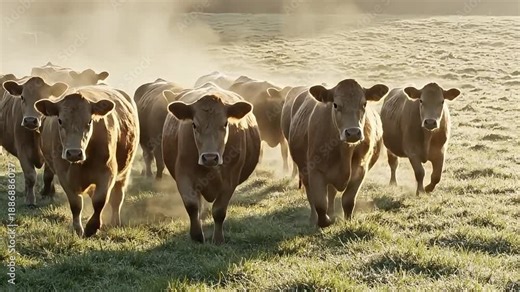 A dynamic scene of a large herd of brown domestic cows walking and running across a sunlit, dusty pasture during golden hour, showcasing agricultural movement and rural life