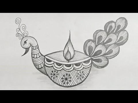 Diwali Diya Drawing Easy || How to Draw Beautiful Diya For Diwali || Peacock Diya Drawing