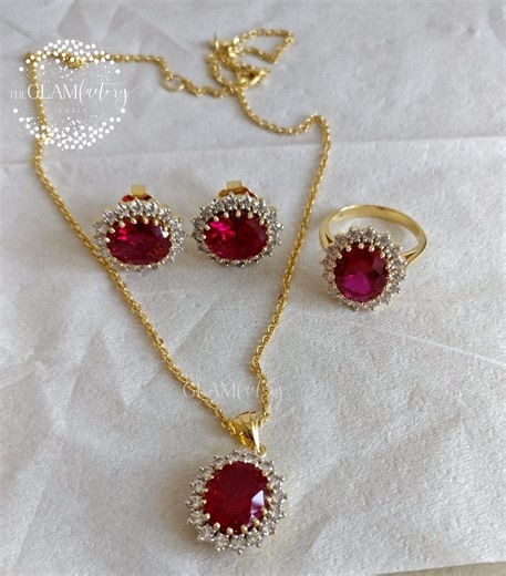 Ruby & Diamond Ring, Earring and Necklace Set, Silver 925, Real Gold 18K Filled - Etsy