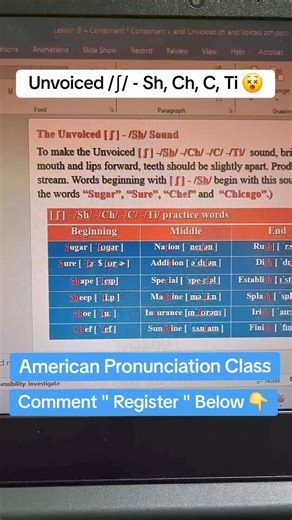 23 reactions | Unvoiced /ʃ/ - Sh, Ch, C, Ti  [https://t.me/englishonlineclasswithrithy] The American Pronunciation Class is Available to Register! #viral #onlineclass #reel #effortlessenglishwithrithy | Effortless English with Rithy | Facebook
