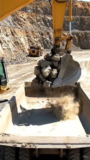 Mine excavator loading tons of rocks into huge dumpers.