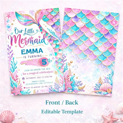 Mermaid Birthday Invitation Editable Template | Under the Sea Party Invite | Mermaid Tail Invitation | Girl Birthday Party Invite - Etsy