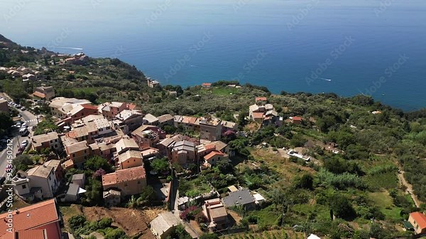 Europe, Italy, Framura is a little sea village in Liguria close to 5 terre ( five island ) - drone aerial view of mediterranean coast - natural harbour and beach