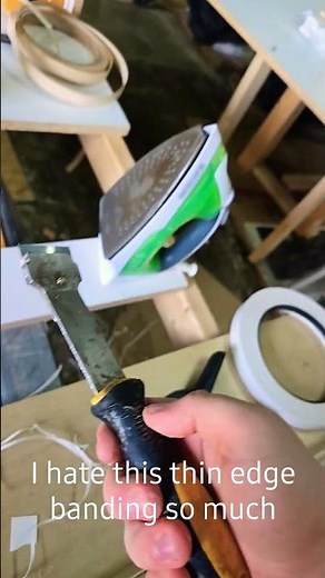how to do edge banding with white melamine laminate. diy iron on preglued. very easy and fast