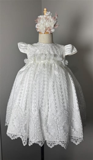 White Lace Baptism Dress With Floral Waist Detail - Etsy