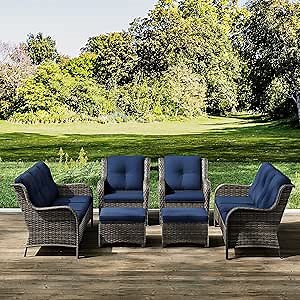 Joyside Patio Furniture Set 6 Pieces - Outdoor Rattan Furniture Set with 2 Armchairs, 2 Couch and 2 Ottomans, Olefin Cushions Included(Mixed Grey/Blue)