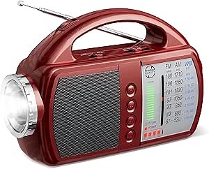 AM/FM/NOAA Weather Radio with Bluetooth Rechargeable Emergency Radio Built-in Rechargeable Battery or 4 AA Battery Operated & AC Power Plug in Wall for Home Camping RED