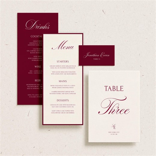 Luxury Modern Minimal Menu & Name Cards Suite | Editable Template (digital Download) | Red Wine Burgundy - Etsy
