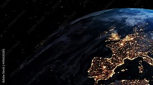 Planet earth 3D orbital animation with realistic geography surface and clouds atmosphere . Spinning world globe sphere showing continents and ocean view .