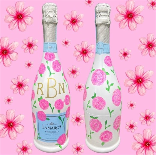 Custom Hand-painted Floral Champagne Bottle With Monogram - Personalized Gift - Etsy