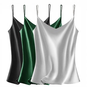 VIDUSSA Womens Pack Silk Satin Tank Tops V Neck Casual Cami Sleeveless Camisole Blouses Basic Tank Shirt 3 Pack Black Grey Dark Green XXL