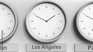 Round clock showing Los Angeles, USA time within world time zones. 3D animation Stock Video