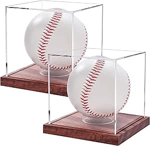 LITY 2 Pack Baseball Display Case, No Assembly Required Clear Cube Tennis Ball Holder with Solid Wooden Base, Autograph Baseball Stand Box for Single Ball