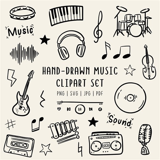 Hand Drawn Music Clipart Set | Musical Instruments Doodles | PNG SVG Commerical Use - Etsy