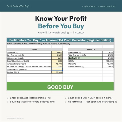 Amazon FBA Profit Calculator | Know Your ROI Before You Buy | Google Sheets Template for Retail & Online Arbitrage Sellers - Etsy
