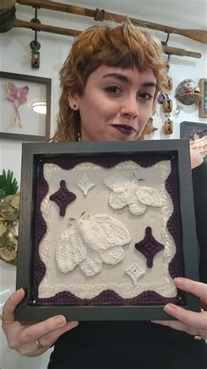 The angelic white satin moths frame 🖤💜 These crocheted moths are available in my shop right now!