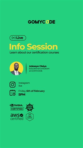 GOMYCODE Nigeria on Instagram: "In case you missed it, here’s a replay of our live info session 👇🏽 We broke down our certification courses, the certifications you’ll earn, and exactly what each course covers. From AWS, DevOps, and Azure to NVIDIA Deep Learning and GenAI, these are certifications you definitely shouldn’t sleep on. Got questions about any of our certification programs? Send us a DM or click the link in our bio to get started 🚀 #GOMYCODE #tech #techcertifica