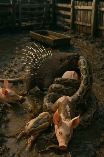 Shocking! Porcupine Rescues Piglet from Deadly Python Attack! 🐖🐍🦔