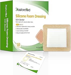 Silicone Adhesive Foam Dressing with Gentle Border 3''x3'' 10 Pack, High Absorbency Foam Wound Bandage for Bed Sore Leg Ulcer Foot Diabetic Ulcer by Kastormed