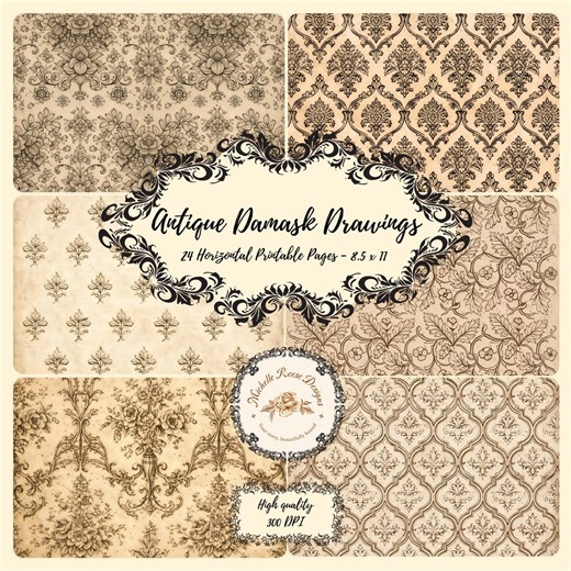 Antique Damask Drawings Digital Junk Journal Pages. - Etsy