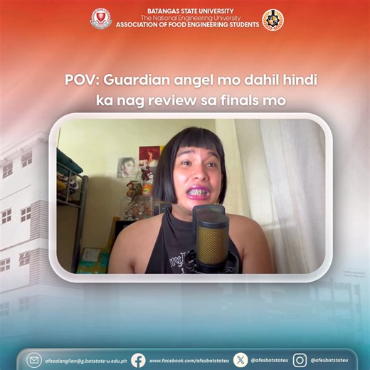 Ang Guardian Angel mo, ngayon, ay nag-iisa na lang ang sinasabi: "𝙏𝘼𝙆𝙐𝙏 𝘼𝙆𝙊𝙊𝙊𝙊, 𝙊𝙑𝙀𝙍!" Ang reaction nila habang nakikita tayong nag-cram ng 8-hour review sa loob ng 15 minutes? Nagsisigawan na sila sa Devas ng: "𝙊𝙝 𝙞𝙠𝙖𝙬 𝙙𝙞𝙩𝙤! 𝙈𝙚𝙡𝙙𝙮 🛎 𝘽𝙒𝙀𝙇𝙊... 𝘽𝙖𝙝𝙖𝙡𝙖 𝙠𝙖 𝙣𝙖... 𝙎𝙖 𝙗𝙪𝙝𝙖𝙮 𝙢𝙤." Kaya, aral na! Huwag na nating dagdagan ang stress ng ating mga Guardian Angels! 𝙂𝙤𝙤𝙙 𝙡𝙪𝙘𝙠, 𝙆𝙖𝙁𝙀𝙢𝙞𝙡𝙮𝙖! 📚 #FinalsWeek #BahalaKaSaBuhayMo #GoodluckPaRin #Ka