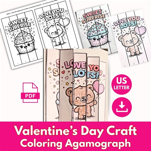 Valentine's Day Agamograph Printable, 3D Coloring Page, Cut Paste Craft Optical Illusion Magic Accordion, Sunday School Classroom Homeschool - Etsy