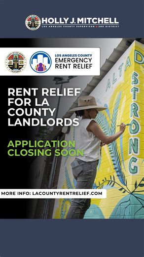 Holly J. Mitchell on Instagram: "Landlords: The deadline to apply for the County’s Emergency Rent Relief Program is TODAY, Friday, January 23, at 4:59 p.m. If you were impacted by last year’s wildfires or ongoing federal government immigration actions, you may be eligible to receive support - up to $15,000 per rental unit. Grants may be used to cover unpaid rent, utilities, or mortgage payments. For more information and to apply, visit lacountyrentrelief.com"