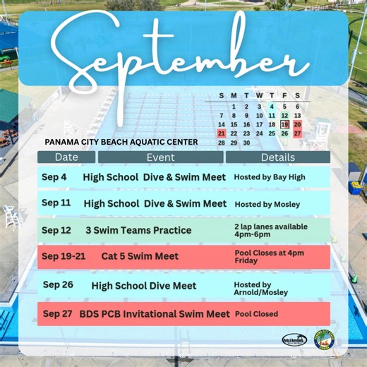 2.7K views | Check out the events and closures at the PCB Aquatic Center for the month of September. | Panama City Beach Parks and Recreation | Facebook